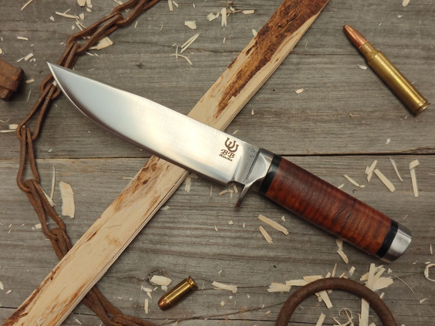 Butch Bendt Clip Point 6&quot; Fixed Blade / Stacked Leather With Steel Guard &amp; Pommel / Forge Finished 5160