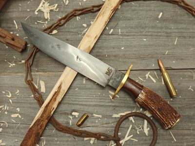 Butch Bendt Bowie 8&quot; Fixed Blade / Stag &amp; Walnut With Brass Guard / Forge Finished 5160