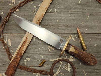 Butch Bendt Coffin Handle Bowie 8&quot; Fixed Blade / Stag &amp; Stacked Leather With Brass Guard / Forge Finished 5160