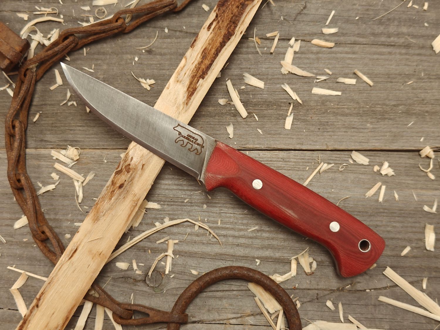 Wood Bear Knives 4.25” Fixed Blade / Red Canvas Micarta / Blacked O1