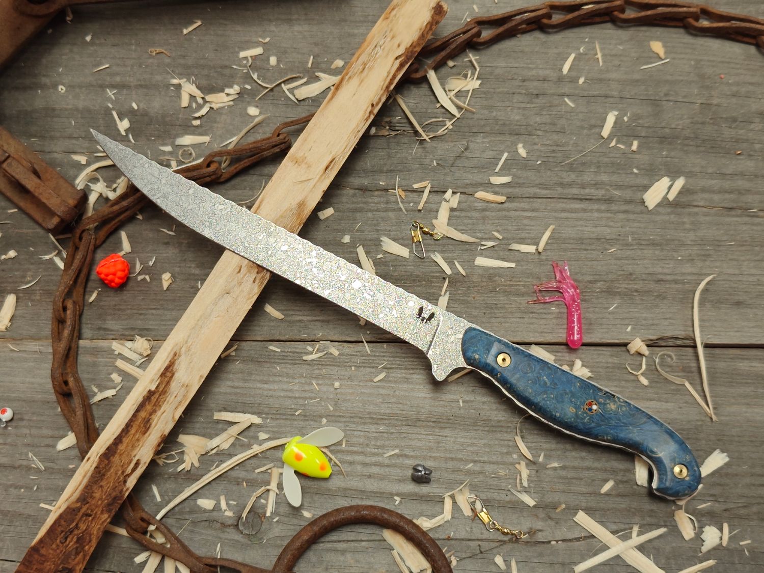 Semper Sharp Coho 7.5&quot; Fillet Knife / Dyed Birch Burl W/ Mosaic Pin &amp; Micarta Liner / Acidwash Rockwork Nitro-V