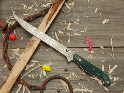 Semper Sharp Coho 7.5&quot; Fillet Knife / Dyed Curly Birch Burl W/ Mosaic Pin &amp; Black Liner / Acidwash Rockwork Nitro-V