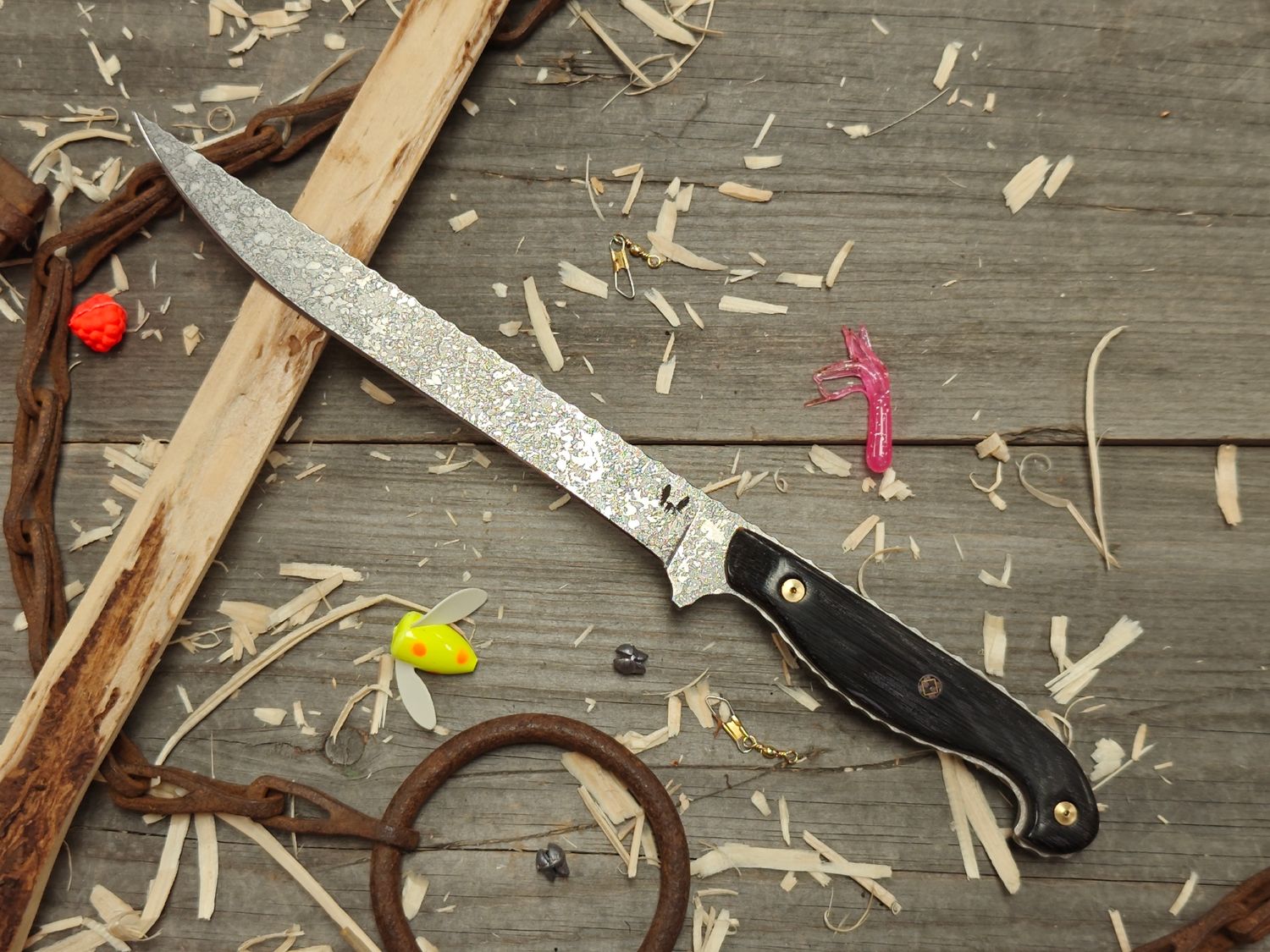 Semper Sharp Coho 7.5&quot; Fillet Knife / Ancient Bog Oak W/ Mosaic Pin &amp; Micarta Liner / Acidwash Rockwork Nitro-V