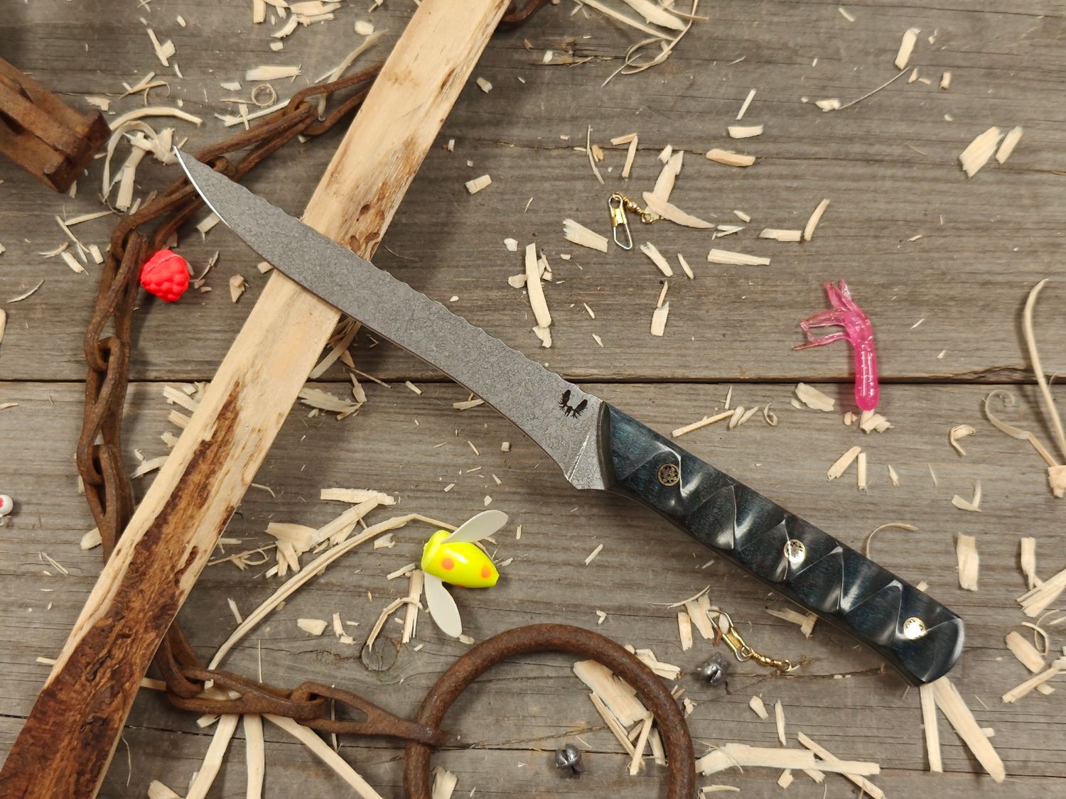 Semper Sharp 6&quot; Fillet Knife / Dyed Curly Mango Wood W/ Mosaic Pins &amp; Black Liner / Acidwash Rockwork Nitro-V