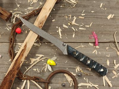 Semper Sharp 6&quot; Fillet Knife / Dyed Curly Mango Wood W/ Mosaic Pins &amp; Black Liner / Acidwash Rockwork Nitro-V