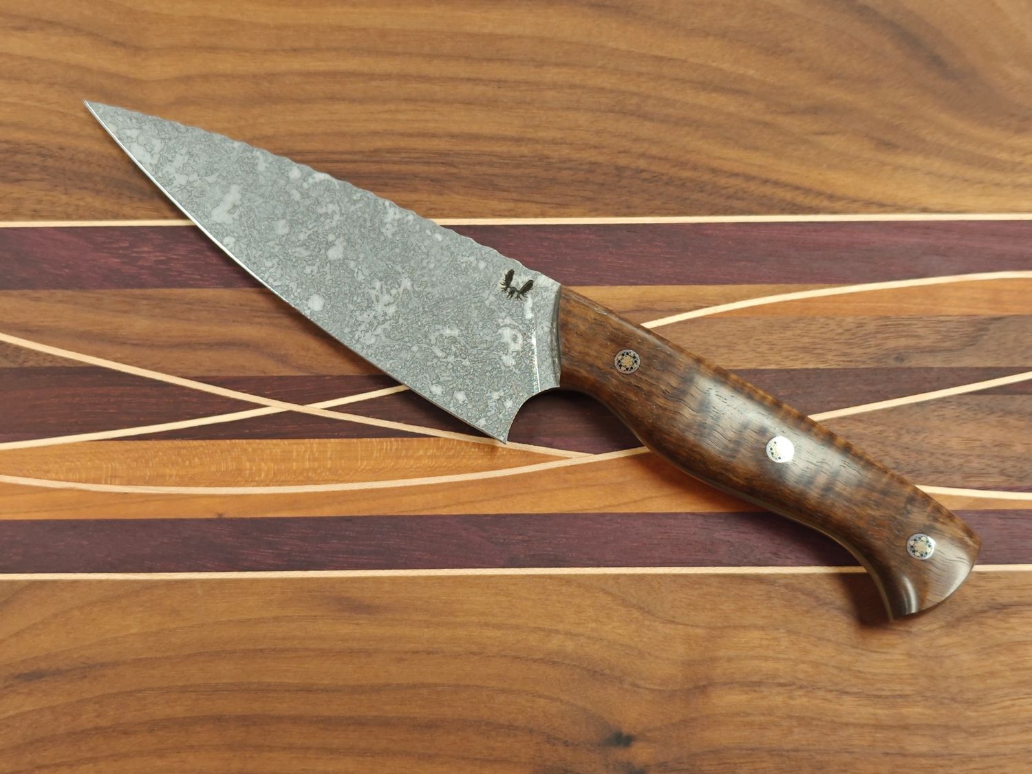 Semper Sharp 6&quot; Chef Knife / Stabilized Curly Hawaiian Koa Wood W/ Mosaic Pins &amp; OD Green Liner / Acidwash Rockwork Nitro-V