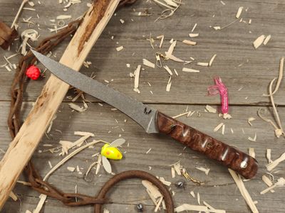 Semper Sharp 6&quot; Fillet Knife / Dyed Curly Mango Wood W/ Mosaic Pins &amp; Forest Green Liner / Acidwash Rockwork Nitro-V