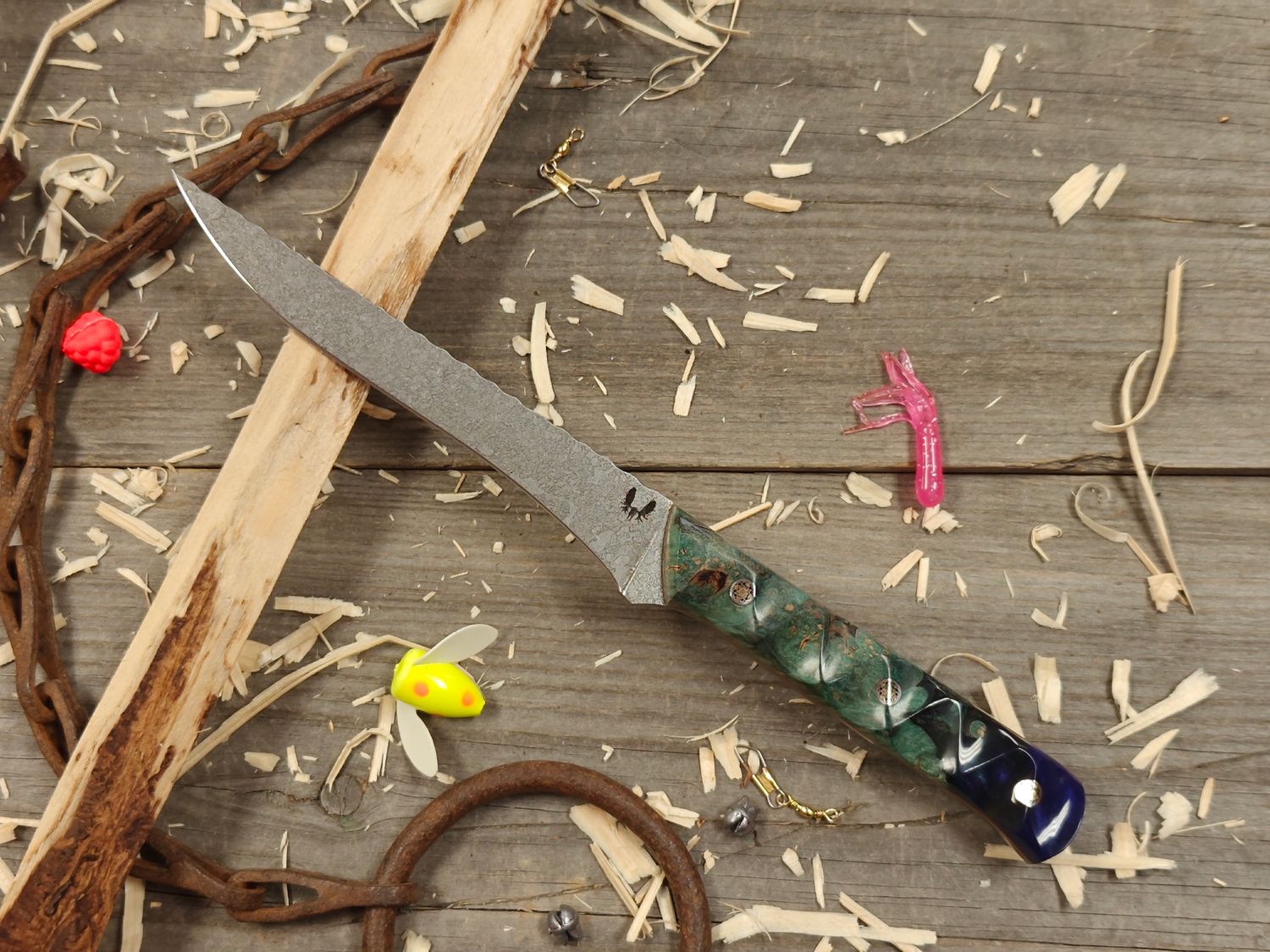 Semper Sharp 6&quot; Fillet Knife / Dyed Buckeye Burl W/ Northern Lights Resin, Mosaic Pins &amp; Liner / Acidwash Rockwork Nitro-V