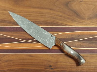 Semper Sharp 8&quot; Chef Knife / Stabilized Curly Hawaiian Koa Wood W/ Mosaic Pins &amp; Black Liner / Acidwash Rockwork Nitro-V