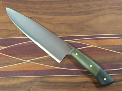 Isley Blades 8&quot; Chef Knife / OD Green G10 &amp; Black Micarta Pommel With Black Liner / Satin 14C28N