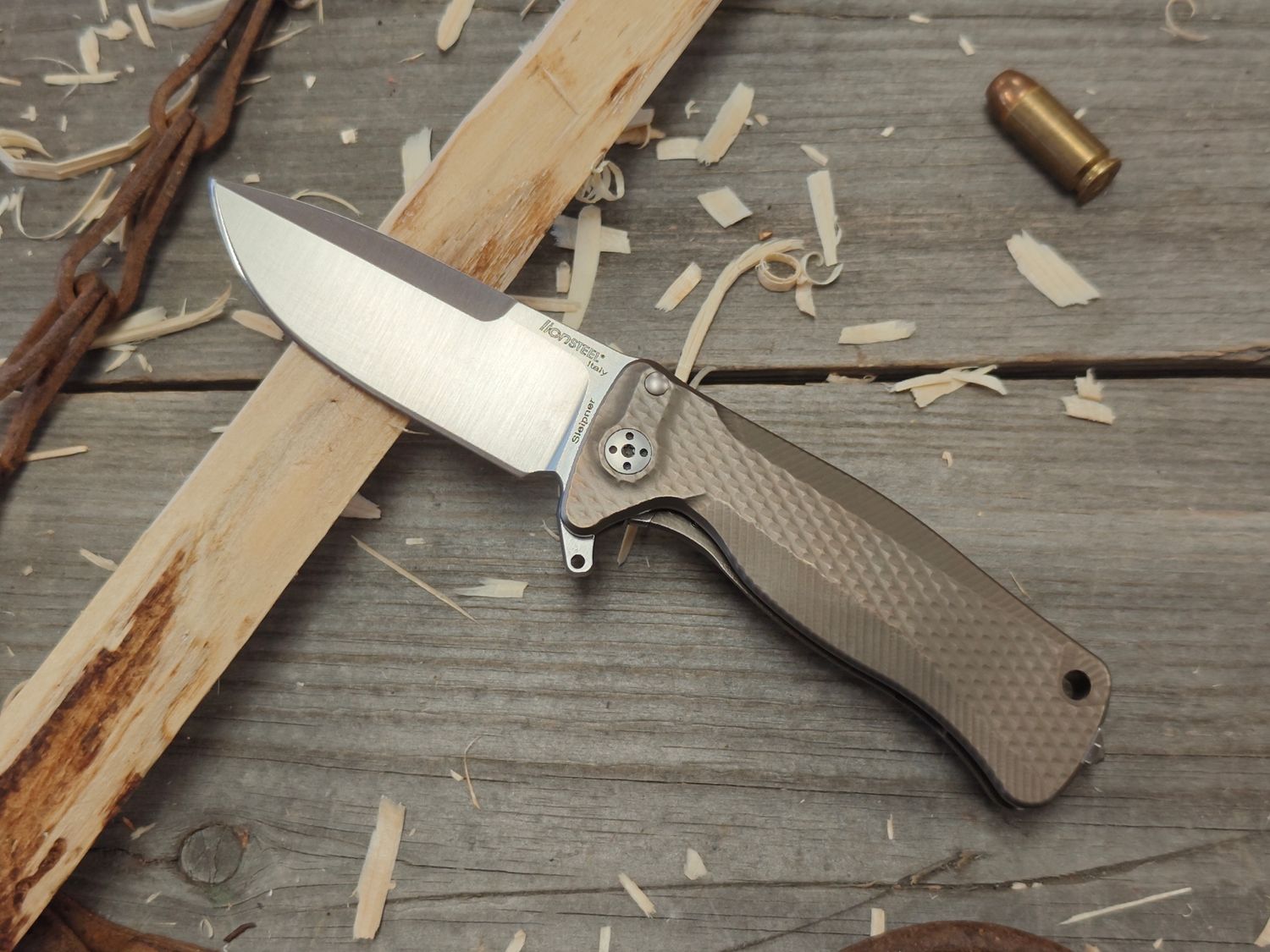 LionSTEEL SR22 3&quot; Framelock Folder / Bronzed Textured Titanium / Satin Sleipner (Pre-Owned)