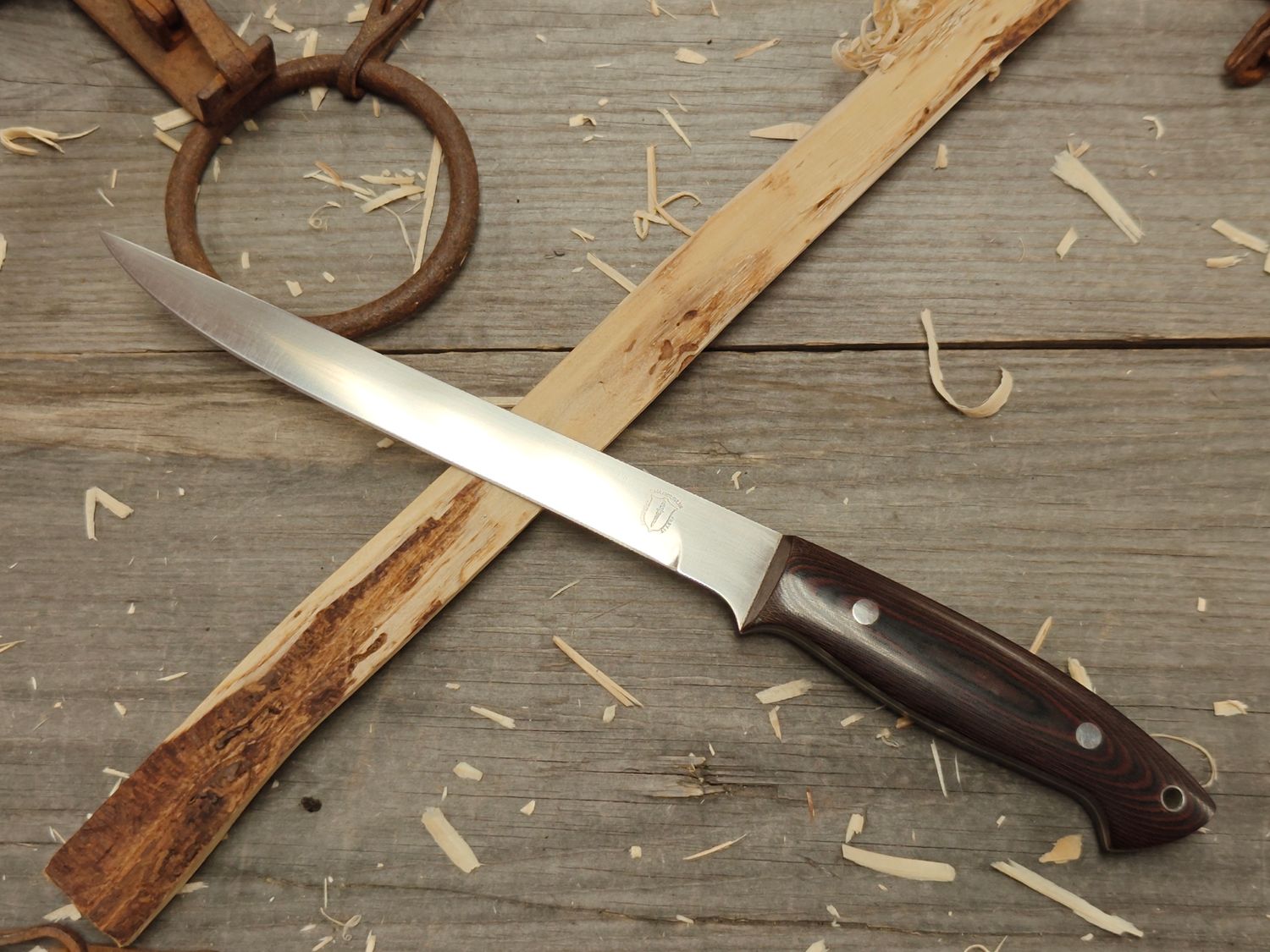 John Chamberlin 7&quot; Fillet Knife / Red &amp; Green Linen Micarta / Satin AEB-L