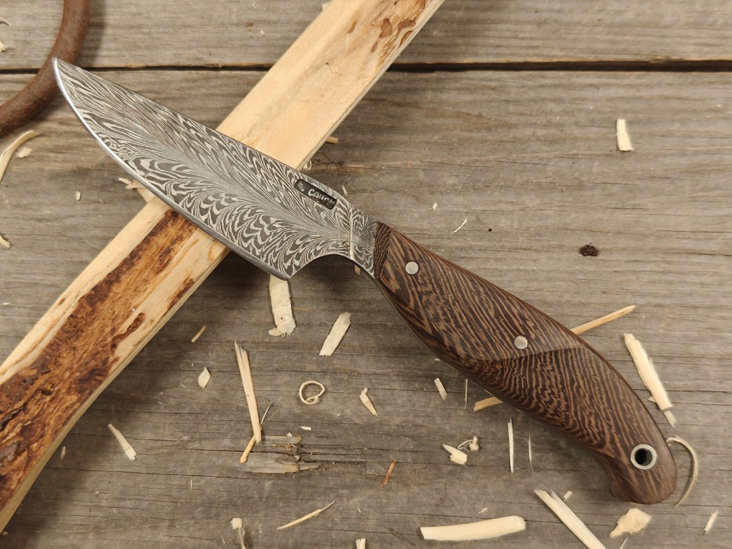 Mark Couch Feather Damascus 3.25&quot; Fixed Blade/ Wenge / 15N20 &amp; 1080