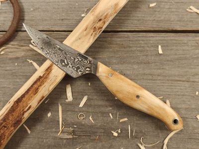 Mark Couch Damascus 3&quot; Fixed Blade / Stabilized Birch Burl / 15N20 &amp; 1080
