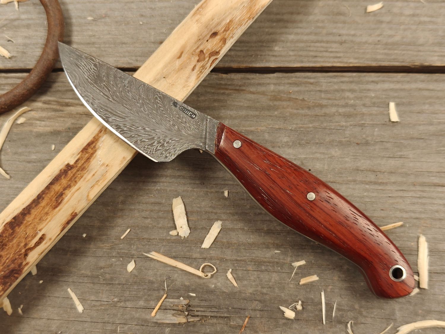 Mark Couch Feathered Damascus 3.25&quot; Fixed Blade / Padouk / 15N20 &amp; 1080