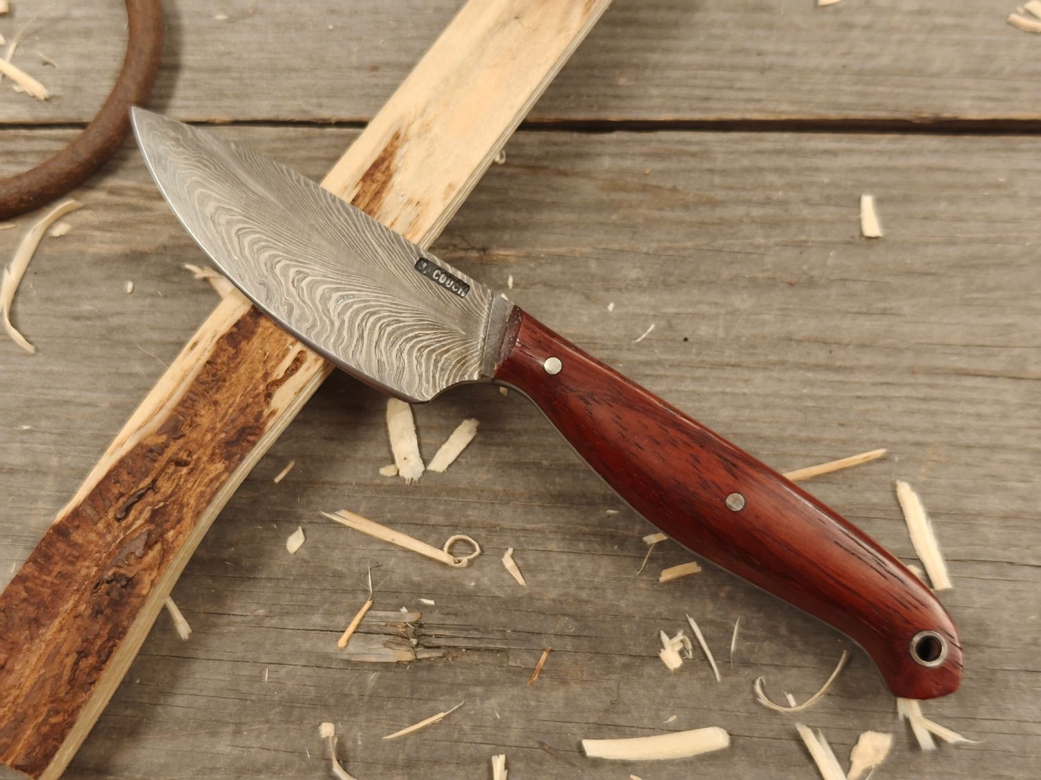 Mark Couch Feather Damascus 3.5&quot; Fixed Blade/ Padouk / 15N20 &amp; 1080