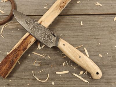 Mark Couch Damascus 4.75&quot; Fixed Blade/ Stabilized Birch / 15N20 &amp; 1080