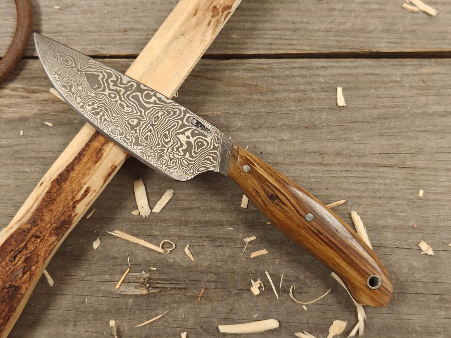 Mark Couch Damascus 4&quot; Fixed Blade / Stabilized Dark Birch Burl / 15N20 &amp; 1080