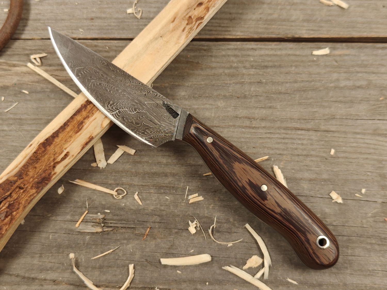 Mark Couch Feather Damascus 3.75&quot; Fixed Blade/ Wenge / 15N20 &amp; 1080