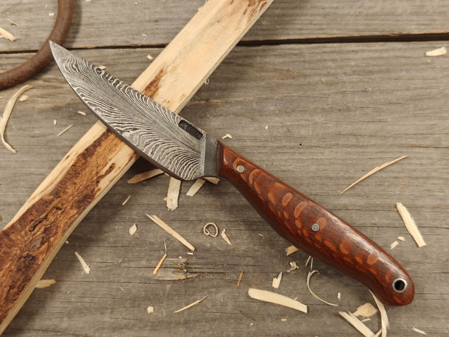 Mark Couch Feather Damascus 3.5&quot; Fixed Blade/ Lacewood / 15N20 &amp; 1080