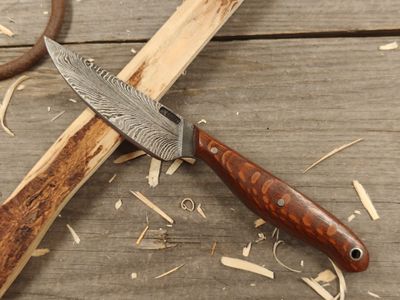 Mark Couch Feather Damascus 3.5&quot; Fixed Blade/ Lacewood / 15N20 &amp; 1080