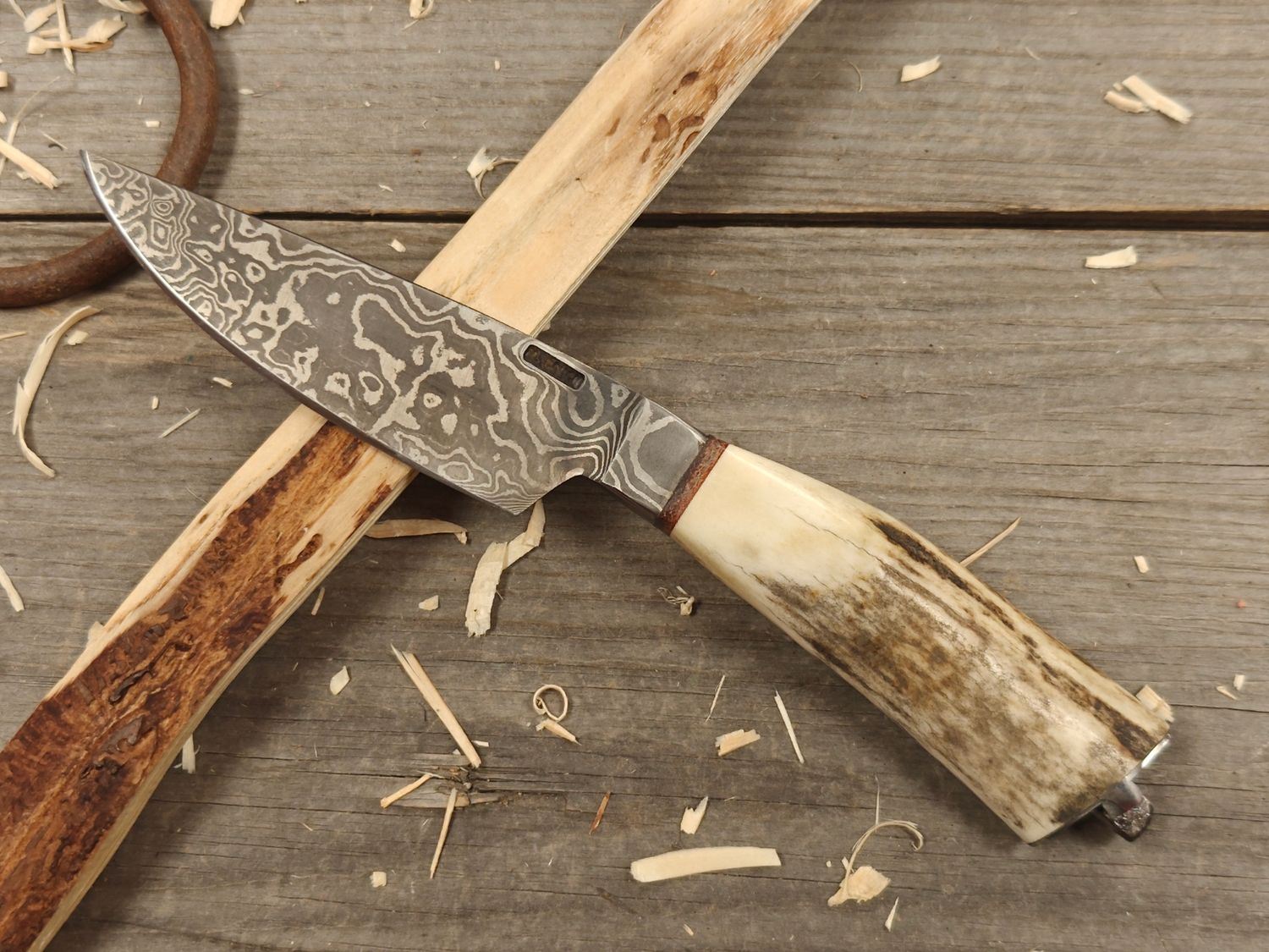 Mark Couch Damascus 4.25" Fixed Blade/ Stag With Damascus Integral Bolster & Pommel / 15N20 & 1080 Mark Couch Damascus 4.25" Fixed Blade/ Stag With Damascus Integral Bolster & Pommel / 15N20 & 1080
