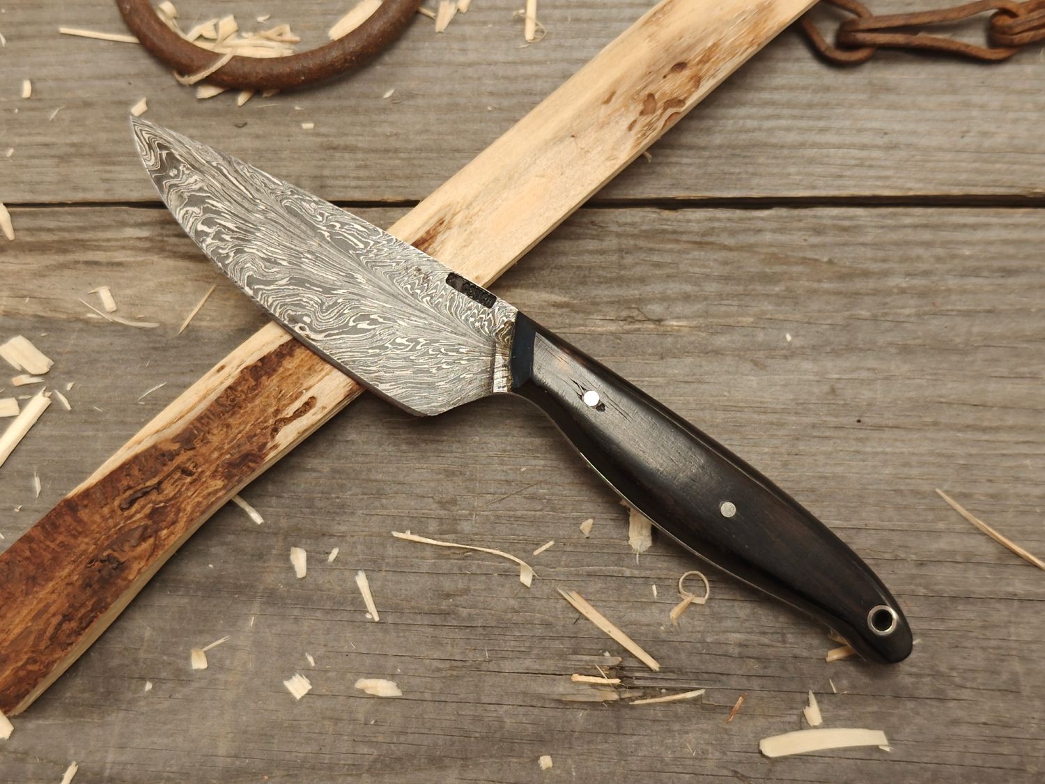 Mark Couch Feather Damascus 3.75&quot; Fixed Blade / African Blackwood  / 15N20 &amp; 1080