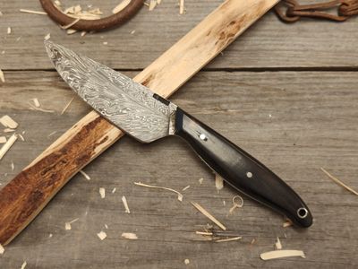 Mark Couch Feather Damascus 3.75&quot; Fixed Blade / African Blackwood  / 15N20 &amp; 1080