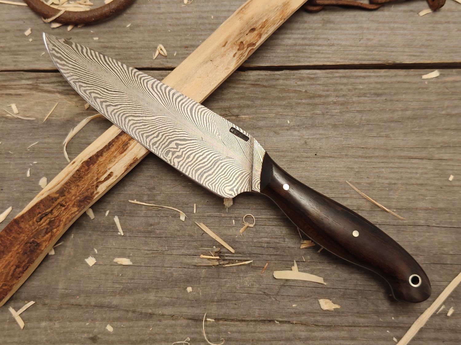 Mark Couch Feather Damascus 5.5&quot; Fixed Blade / African Blackwood / 15N20 &amp; 1080