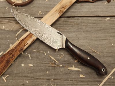 Mark Couch Feather Damascus 5.5&quot; Fixed Blade / African Blackwood / 15N20 &amp; 1080
