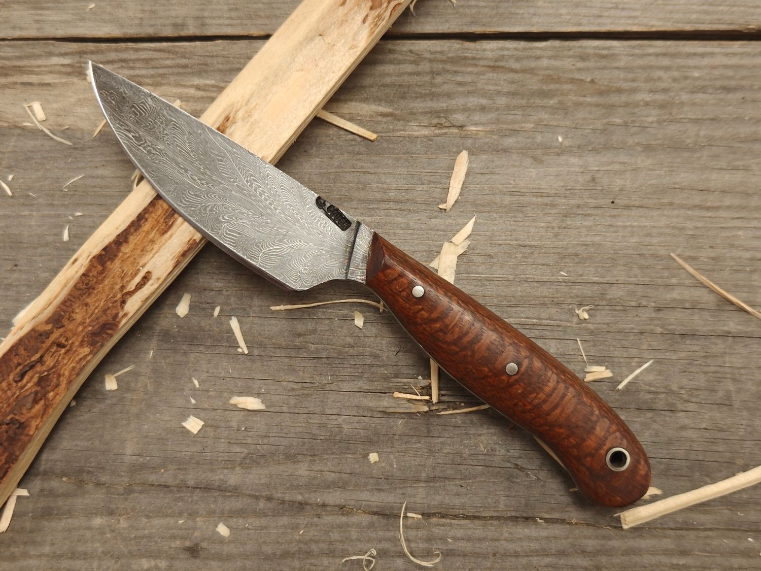 Mark Couch Feather Damascus 3.5&quot; Fixed Blade / Lacewood / 15N20 &amp; 1080