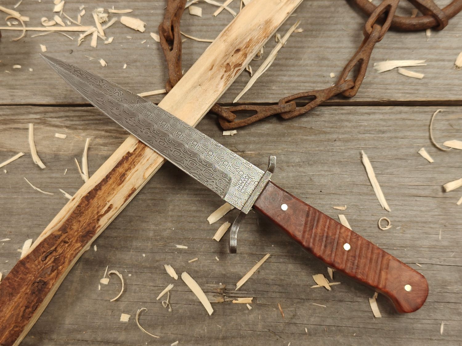 Boker Damascus Trench Knife 5.75&quot; Fixed Blades / Amboyna Burl / ATS-34 &amp; 12C27