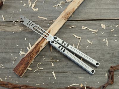 Squid Industries Mako V5 4.3" Bottle Opener Trainer Balisong / Silver Aluminum / Stonewash 410