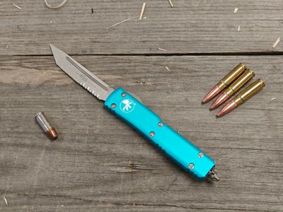 Microtech Ultratech T/E OTF / Turquoise Aluminum / Stonewash Partially Serrated M390