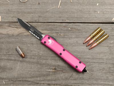 Microtech Ultratech S/E OTF / Pink Aluminum / Two Tone Partially Serrated M390