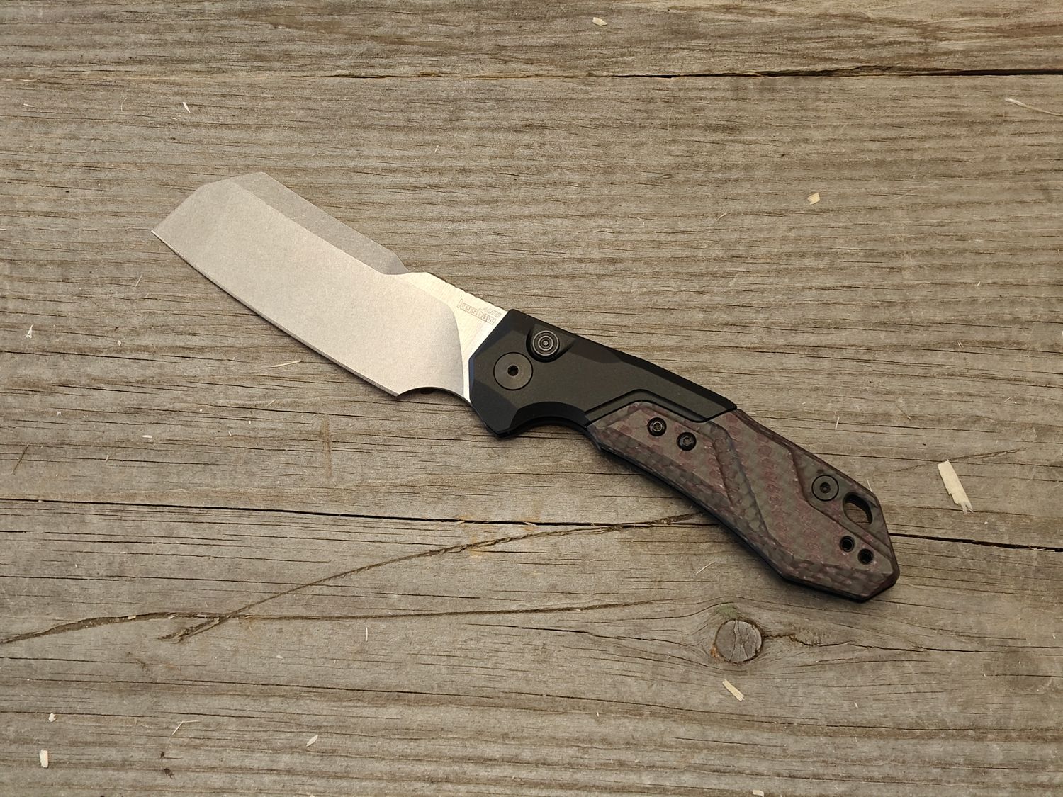 Kershaw Launch 14 3.4&quot; Cleaver Button Automatic / Black Aluminum &amp; Red Carbon Fiber / Stonewash CPM-154