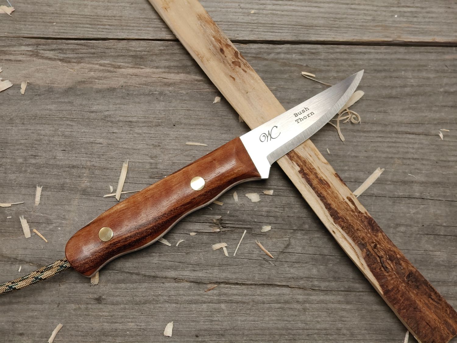William Collins Bush Thorn 3.25&quot; Carving Knife / Goncalo Alves w/ White Liners / Satin Nitro-V / Tooled Leather Sheath