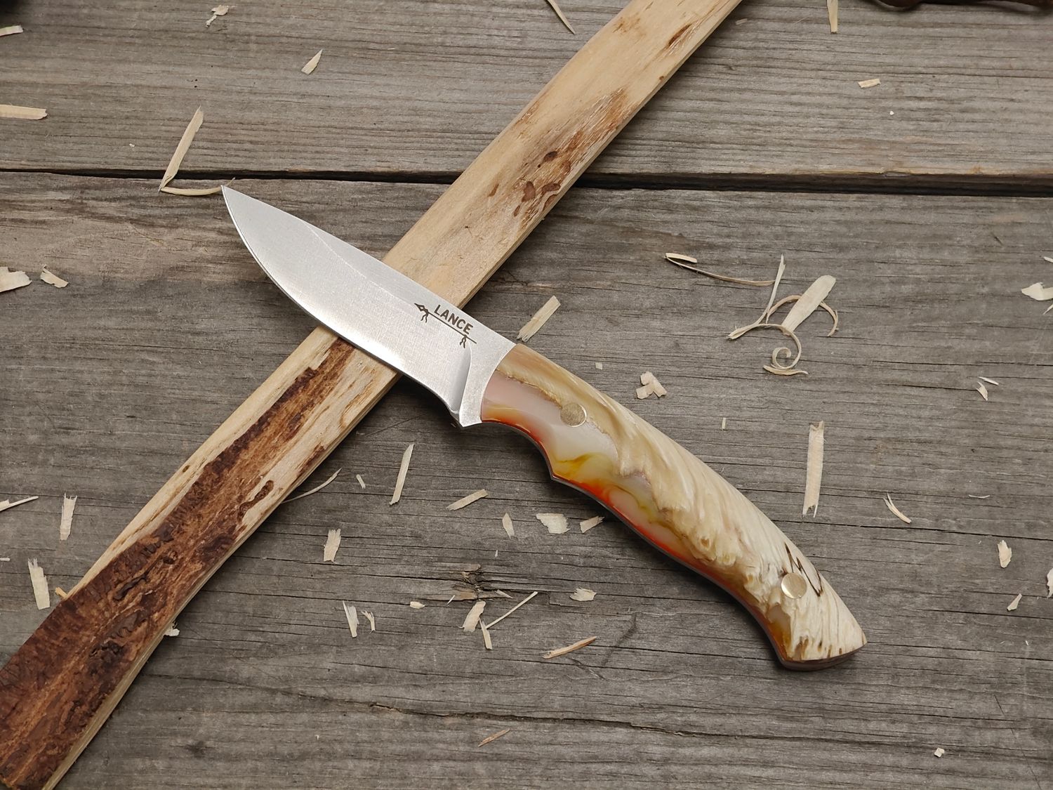 GNK &amp; Lance Knives Yentna 3.25&quot; Fixed Blade / Musk Ox Horn, White &amp; Yellow Swirl Resin W/ Orange Liner / Stonewash AEB-L