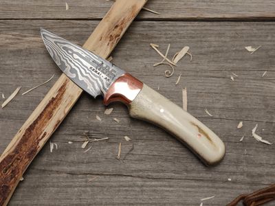 ABE Knives 3" Fixed Blade / Stabilized Moose Antler w/ Copper Bolster / 28 Layer Damascus 80Crv2 &amp; 15n20