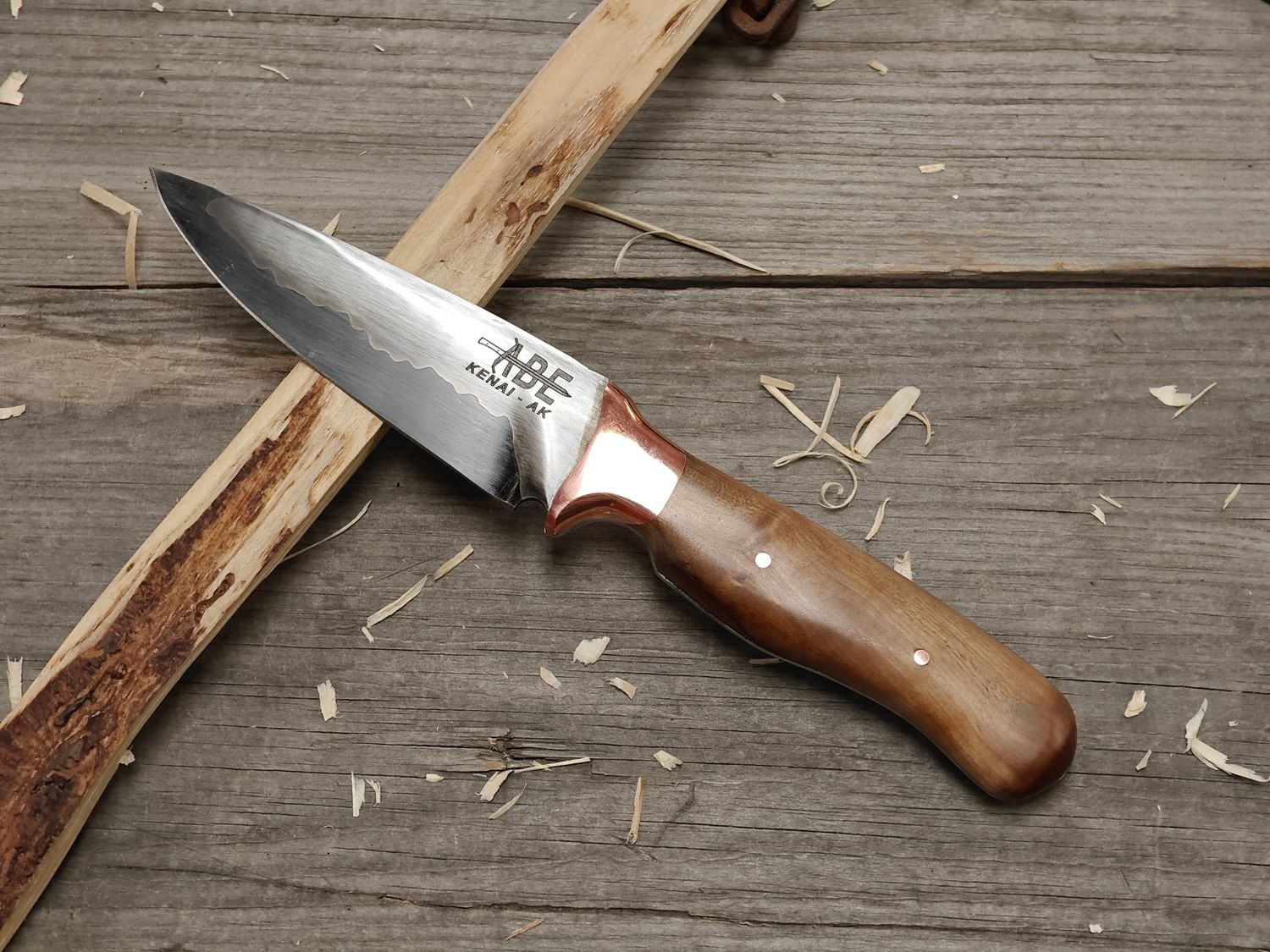 ABE Knives 4.25" Fixed Blade / Stabilized Drift Wood w/ Copper Bolster / San Mai 80Crv2 &amp; 15n20
