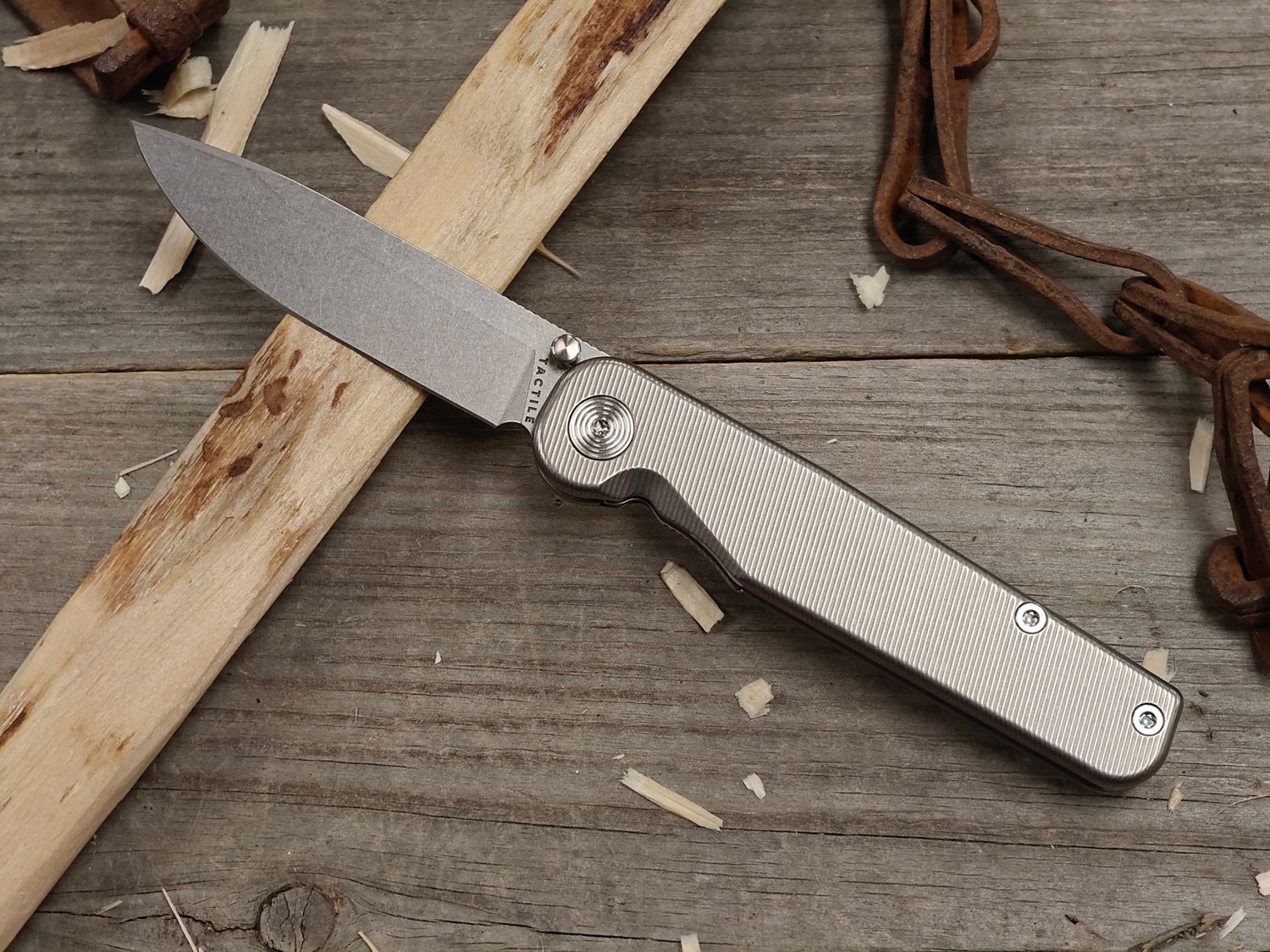 Tactile Knife Co. Rockwall Thumb Stud 3" Linerlock Folder / Machined Titanium / Stonewashed CPM-MagnaCut