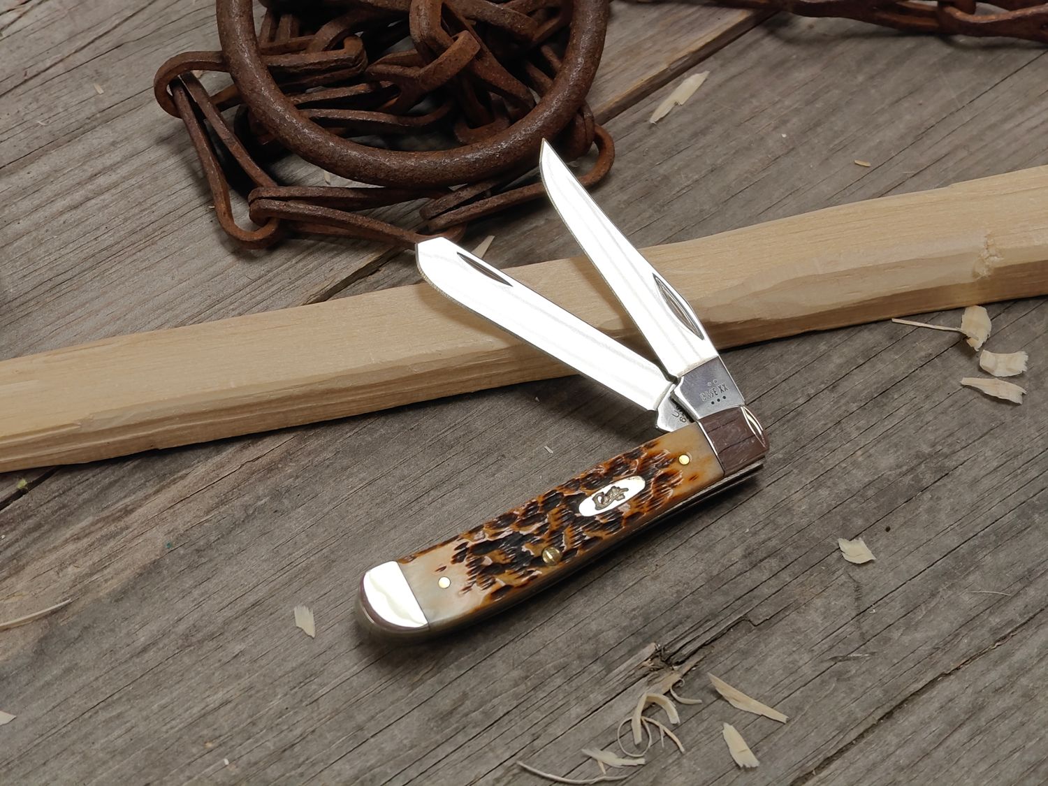 Case Mini Trapper Clip Point &amp; Spey Folding Blades /  Amber Bone / Polish Stainless Steel