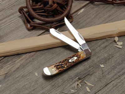 Case Mini Trapper Clip Point &amp; Spey Folding Blades /  Amber Bone / Polish Stainless Steel