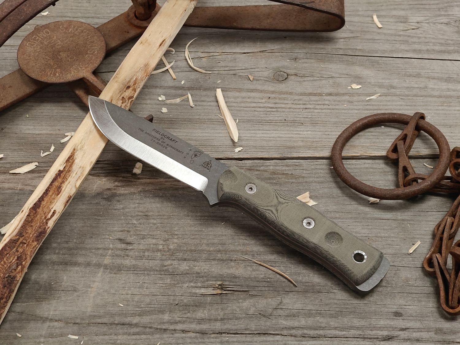 TOPS Knives BOB Brothers of Bushcraft Fieldcraft 4.5" Fixed Blade /  Black Linen Micarta / Stonewashed 1095