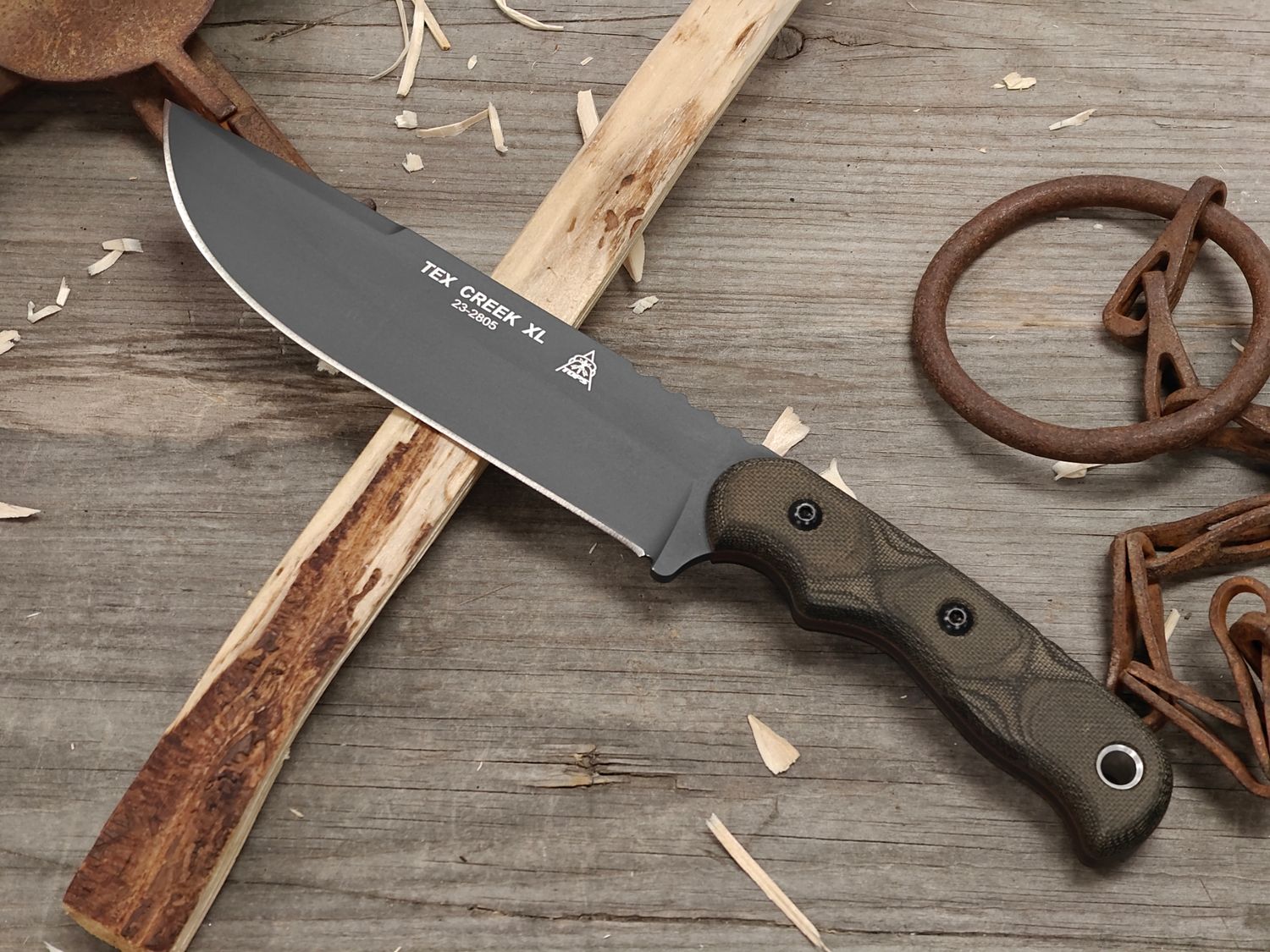 TOPS Knives 6.25" TEX Creek XL Fixed Blade / Black Canvas Micarta / Black River Wash 1095