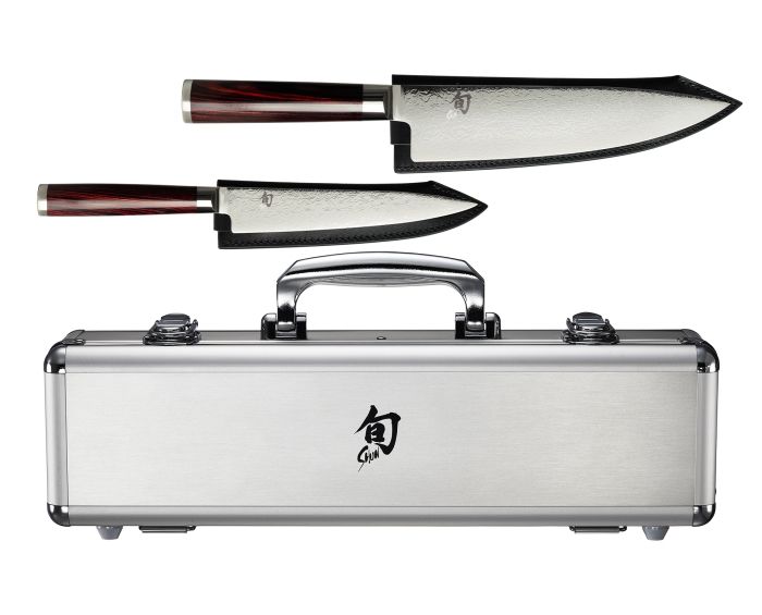 Shun Kohen Anniversary 2 PC Set w/ Leather Sheath &amp; Foam Lined Metal Case / Red Pakkawood / VG2 &amp; VG10 Damascus