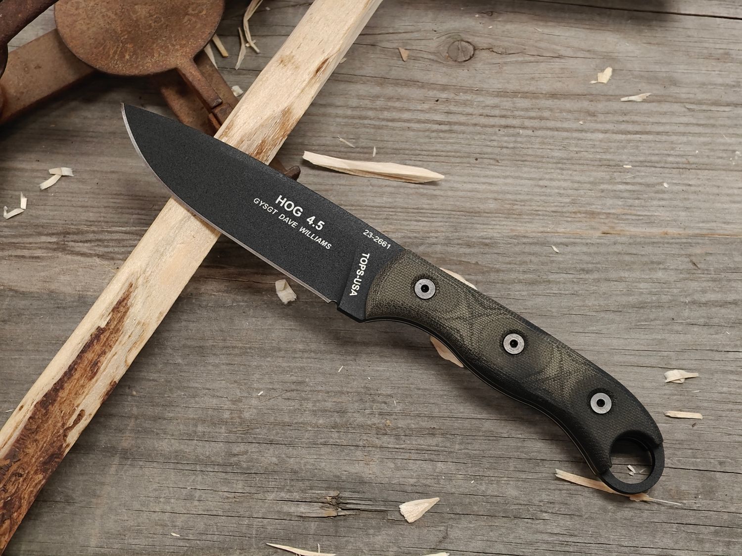 TOPS Knives HOG 4.5" Fixed Blade / Black Micarta / Black Coated 1095