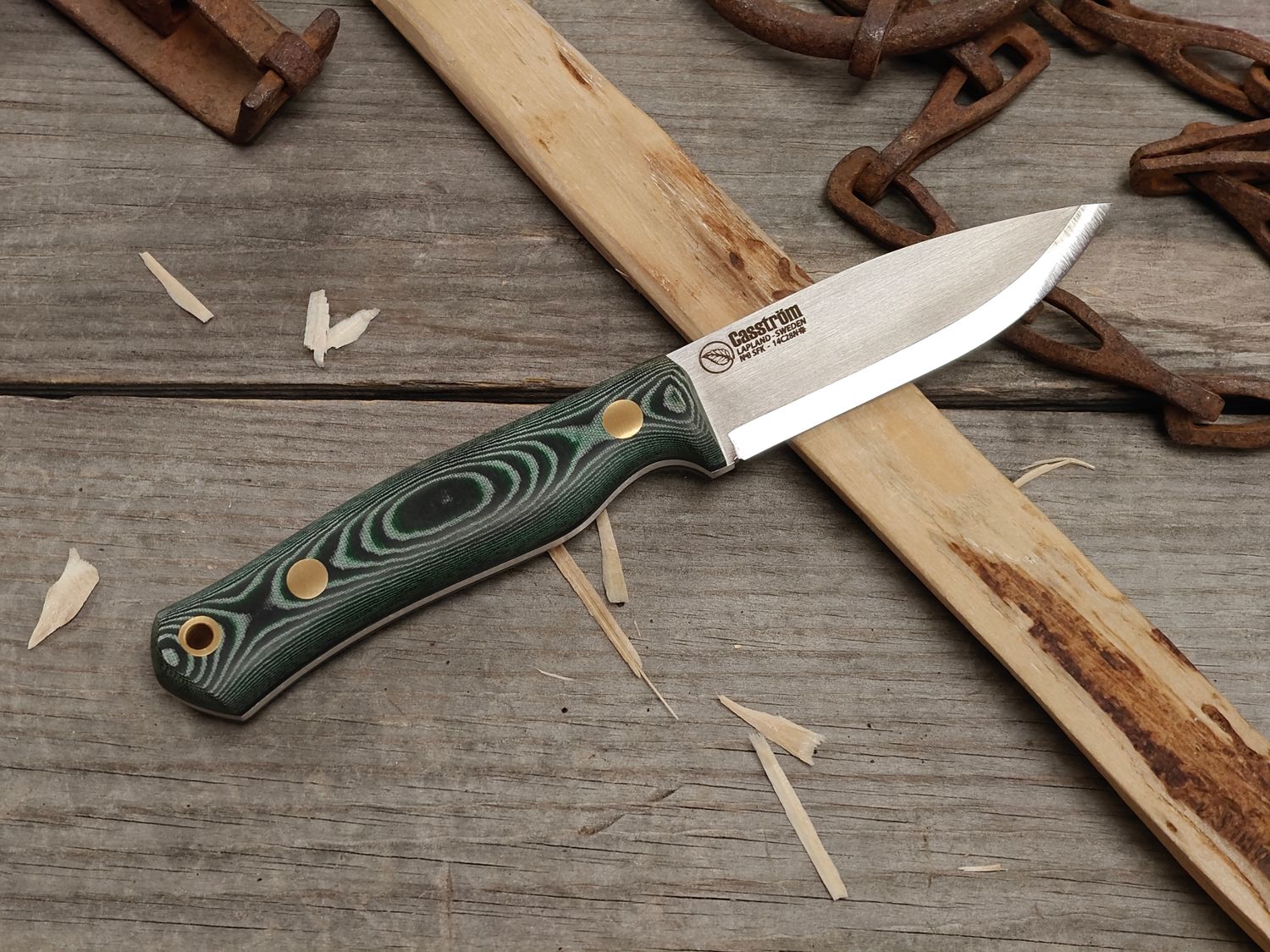 Casstrom No. 8 Swedish Forest Knife 3" Fixed Blade / Green &amp; Black G10 / Satin Scandi 14C28N