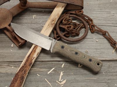 Reiff Knives S5 Scandi Bushcraft 5" Fixed Blade / Black &amp; Green Micarta / Stonewash CPM 3V / Leather Sheath