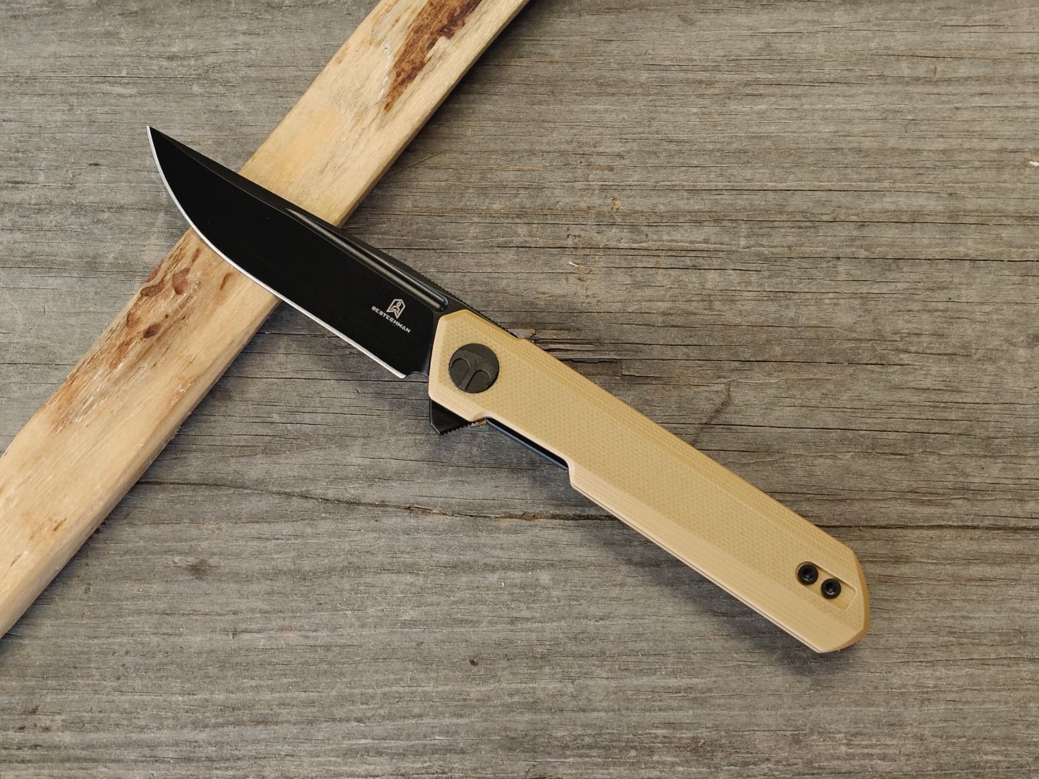 Bestech Knives Mini-Dundee 3" Flipper / Tan G10 / Black D2